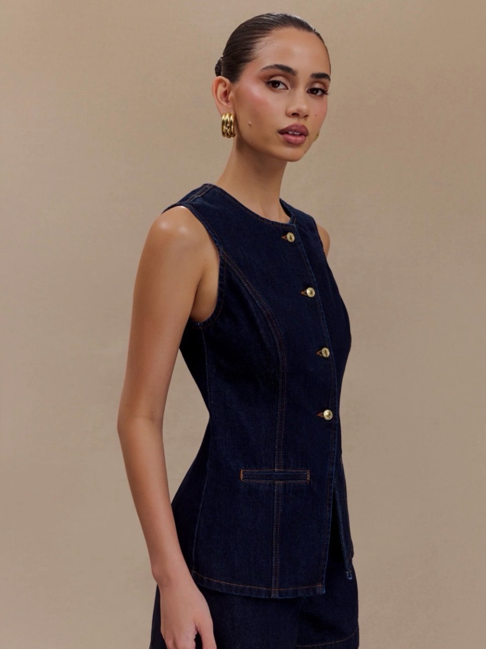 Meshki Abel Denim Indigo Blue Button Up Top Vest Women's Size Large NWT